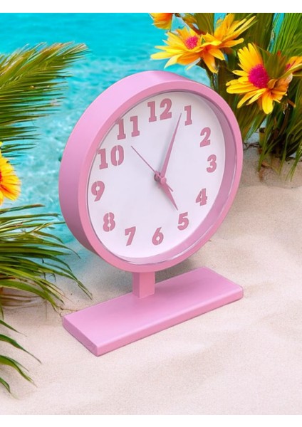 Ahşap Ayaklı Pembe Beyaz Ofis Salon Masa Saati 22*30 cm