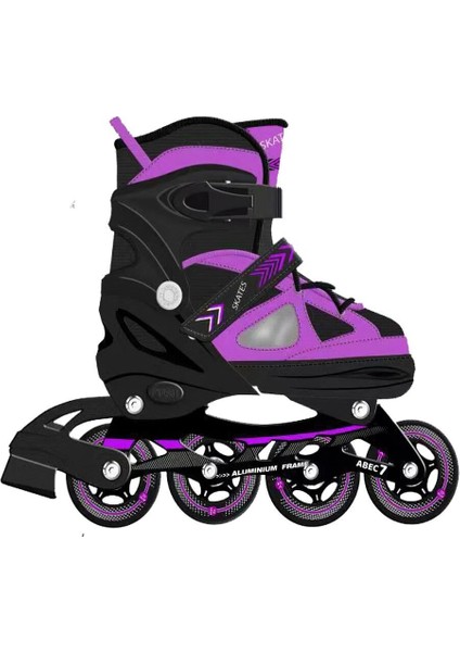 Mor Çift Sıra Silikon Tekerli Alüminyum Gövdeli Ayarlanabilir Işıklı Alıştırma Pateni Çanta Hediyeli modelleri