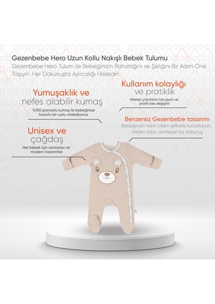 Hero Uzun Kollu Nakışlı Bebek Tulumu Teddy(Organik)