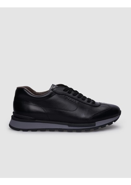 %100 Hakiki Deri Siyah Bağcıklı Erkek Sneaker