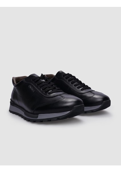 %100 Hakiki Deri Siyah Bağcıklı Erkek Sneaker