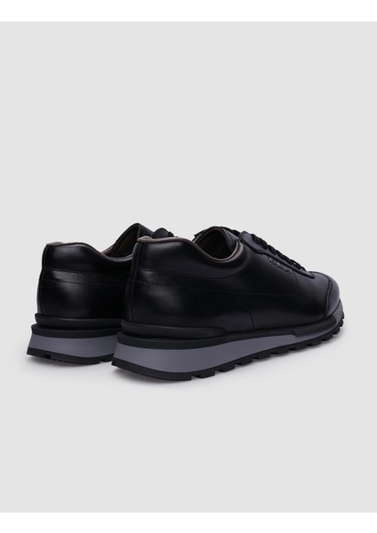 %100 Hakiki Deri Siyah Bağcıklı Erkek Sneaker