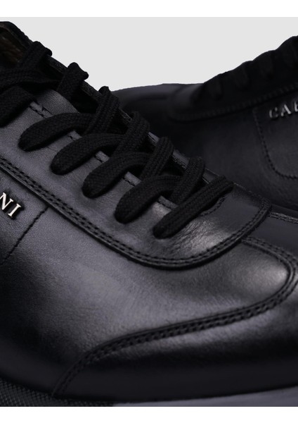 %100 Hakiki Deri Siyah Bağcıklı Erkek Sneaker