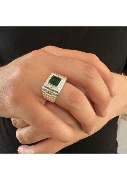 925 Ayar Gümüş Yeşil Zirkon Taşlı Beyaz Erkek Yüzük modelleri