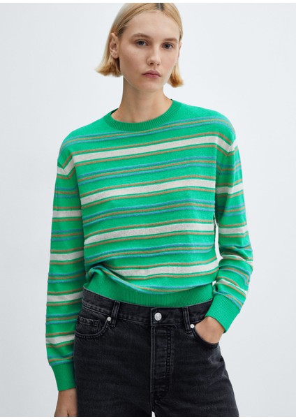 Yuvarlak Yakalı Çizgili Kazak