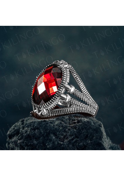 925 Ayar Gümüş Kırmızı Zirkon Taşlı Pençeli Erkek Yüzük