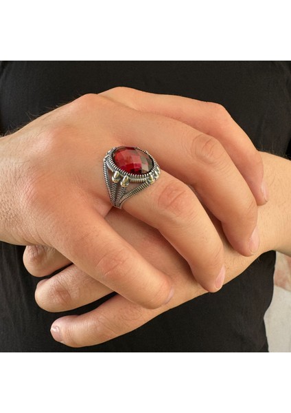 925 Ayar Gümüş Kırmızı Zirkon Taşlı Pençeli Erkek Yüzük modelleri