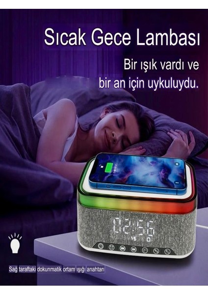 Akım Koruma 15W Wireless Kablosuz Şarj 10W Bluetooth Hoparlör Rgb Işık  Çalar Saat Göstergeli Stand