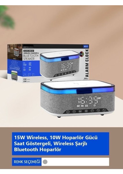 Akım Koruma 15W Wireless Kablosuz Şarj 10W Bluetooth Hoparlör Rgb Işık  Çalar Saat Göstergeli Stand