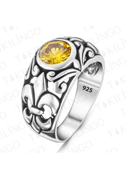925 Ayar Gümüş Sarı Sitrin Taşlı Zambak Motifli Alyans Model Erkek Yüzük fiyatları
