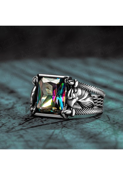 925 Ayar Gümüş Mistik Topaz Taşlı Kartal Motifli Erkek Yüzük