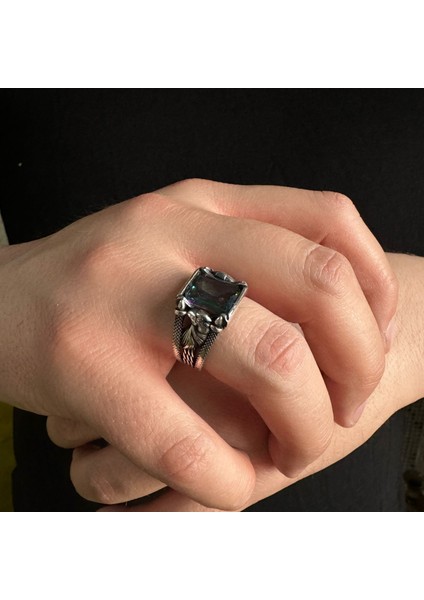 925 Ayar Gümüş Mistik Topaz Taşlı Kartal Motifli Erkek Yüzük modelleri