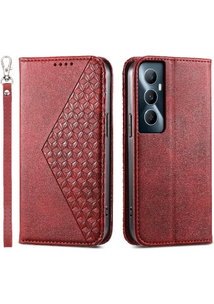 Realme C65 Eşkenar Dörtgen Şekli Günlük Kullanım Için Flip Case El Kayışı Standı Cüzdan (Yurt Dışından)