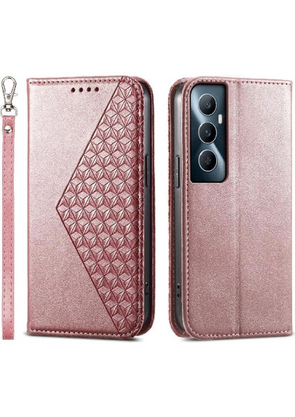 Realme C65 Eşkenar Dörtgen Şekli Günlük Kullanım Için Flip Case El Kayışı Standı Cüzdan (Yurt Dışından)