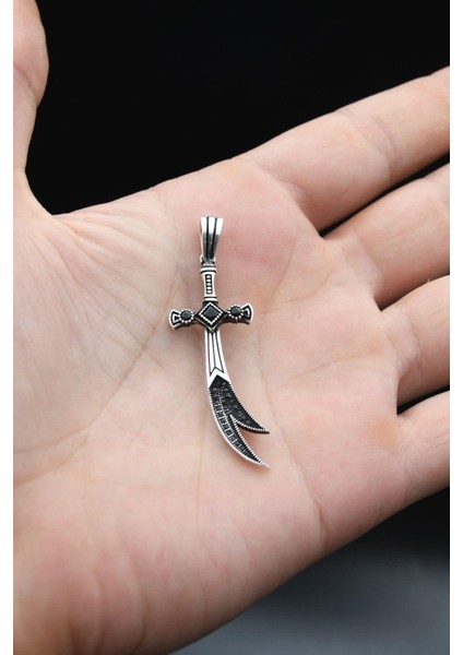 Kolye Ucu 925 Ayar Gümüş Hz. Ali Zülfikar Kılıcı Siyah Zirkon Taş Süslemeli fırsatları