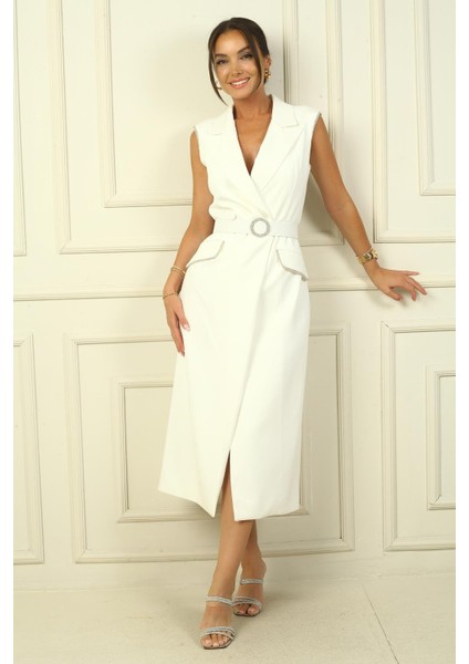 Kadın Kruvaze Yaka Astarlı Önü Düğmeli Taş Detaylı Kemerli Krep Elbise