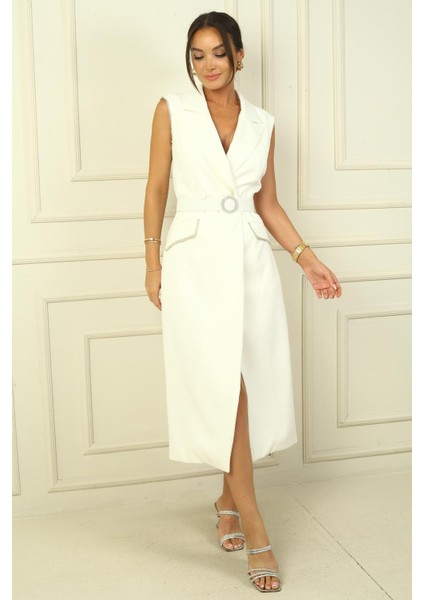 Kadın Kruvaze Yaka Astarlı Önü Düğmeli Taş Detaylı Kemerli Krep Elbise fiyatları