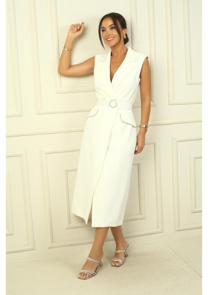 Kadın Kruvaze Yaka Astarlı Önü Düğmeli Taş Detaylı Kemerli Krep Elbise modelleri