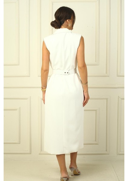 Kadın Kruvaze Yaka Astarlı Önü Düğmeli Taş Detaylı Kemerli Krep Elbise fırsatları