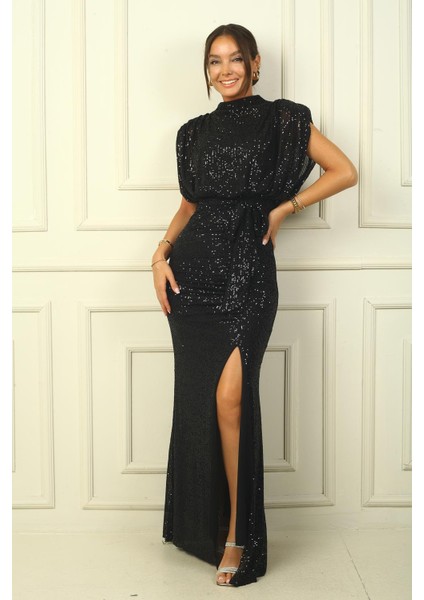 Önü Drapeli Astarlı Beli Kuşaklı Pulpayet Uzun Elbise modelleri