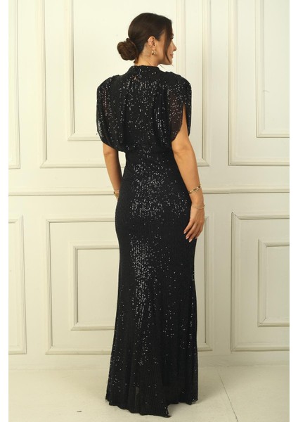 Önü Drapeli Astarlı Beli Kuşaklı Pulpayet Uzun Elbise fırsatları