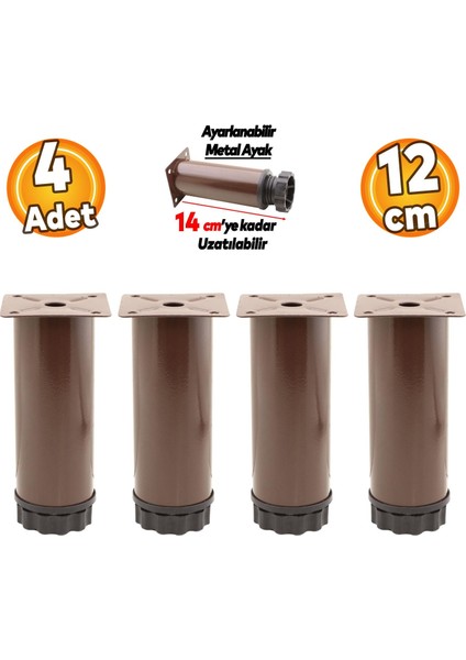 Ayarlanabilir Mobilya Kanepe Baza Koltuk Metal Destek Yükseltici Kahve Ayağı 12 cm Ayakları 4 Adet