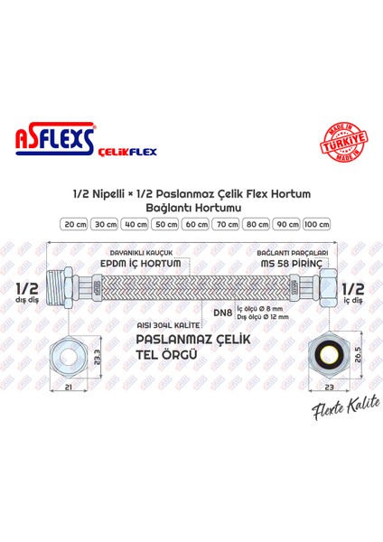 ASFLEXS 1/2 Nipelli×1/2 Paslanmaz Çelik Flex Hortum Bağlantı Hortumu (20 cm)