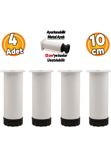 Ayarlanabilir Dolap Mobilya Kanepe Koltuk Baza Metal Destek Yükseltme Yükseltici Ayağı 10 Cm Beyaz Ayakları 4 Adet