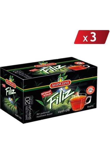 Filiz Bergamot Aromalı Siyah Bardak Poşet Çay 20'li - 3lü Paket