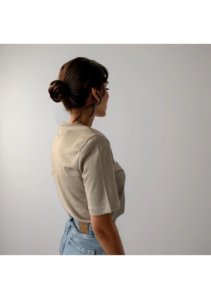 Bej Omzu Vatkalı Kadın T-Shirt, Pamuklu Penye modelleri