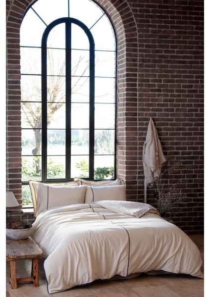 Farya Battal Boy Nevresim Takımı %100 Organik Pamuk Kenevir Karışımlı Nakışlı Bej 240X220 cm