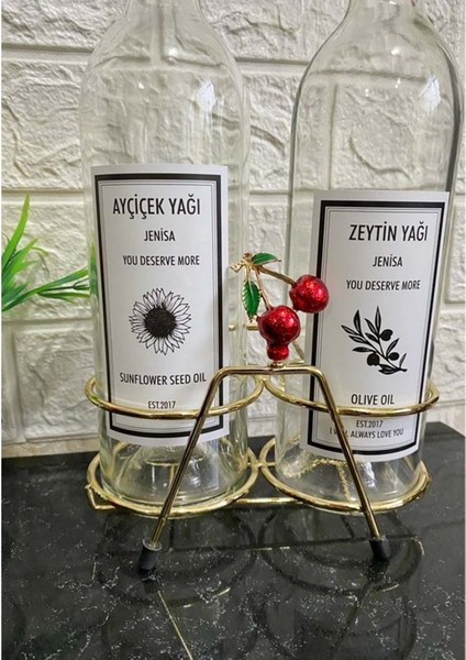 Altın Standlı Kiraz Figürlü 750ML Şeffaf Şişe Altın Akıtıcılı Etiketli Yağlık Yağdanlık fiyatları