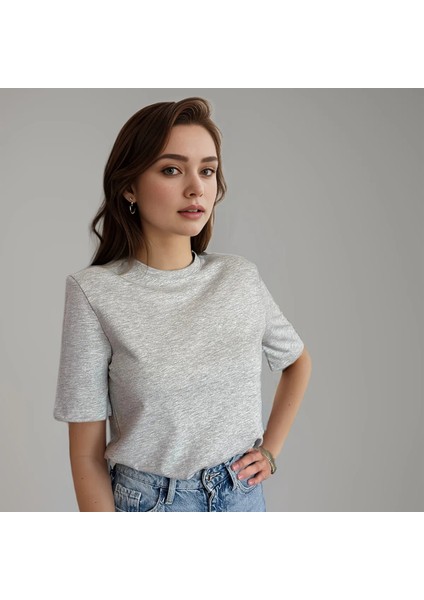 Vatkalı Gri Omzu Vatkalı Kadın T-Shirt, Pamuklu Penye modelleri
