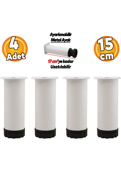 Ayarlanabilir Mobilya Kanepe Baza Koltuk Metal Destek Yükseltici Ayağı 15 cm Beyaz Ayakları 4 Adet