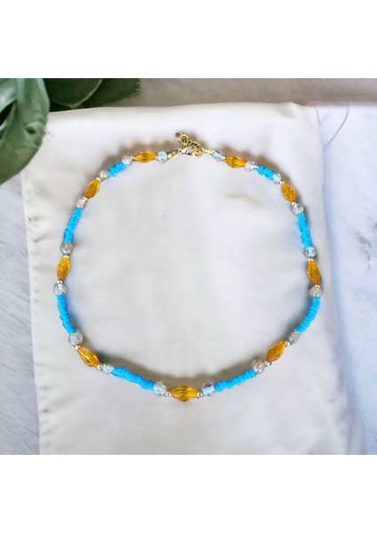 Kadın Doğal Sitrin Taşlı Mavi Kolye