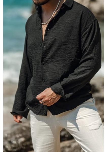 Erkek Uzun Kollu Gömlek Yaka Keten Oversize Gömlek modelleri