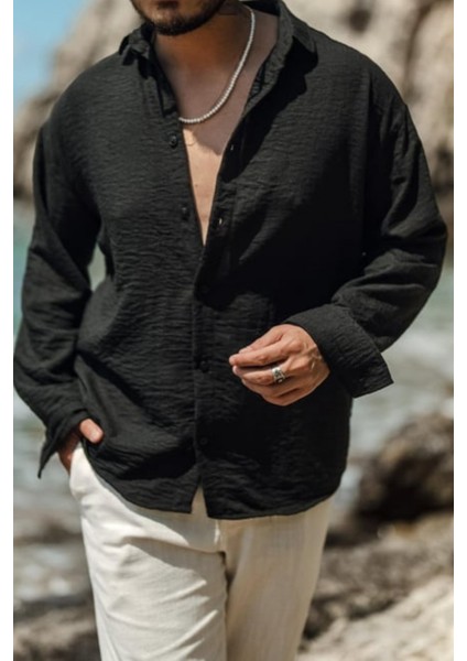 Erkek Uzun Kollu Gömlek Yaka Keten Oversize Gömlek fırsatları