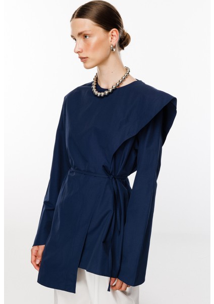 Lacivert Şal Detaylı Poplin Bluz