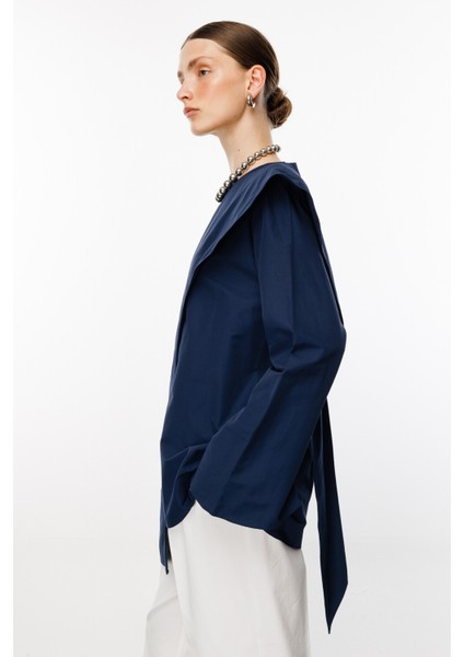 Lacivert Şal Detaylı Poplin Bluz