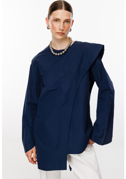 Lacivert Şal Detaylı Poplin Bluz