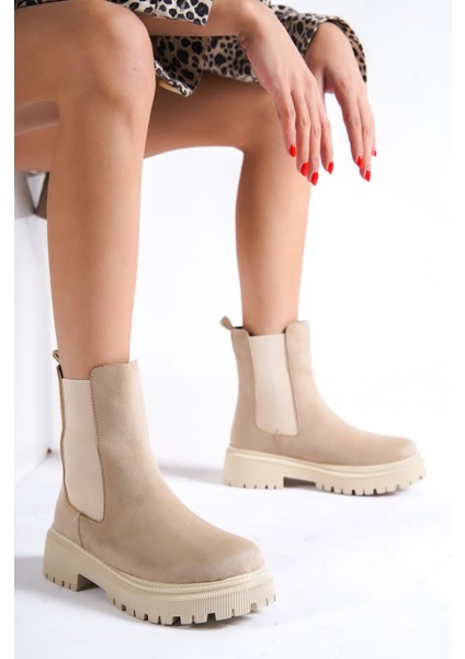 Kadın Bej Süet Elastik Yan Bantlı Bot fiyatları