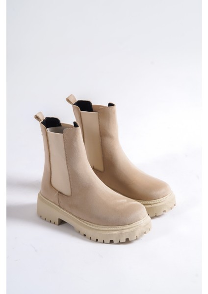 Kadın Bej Süet Elastik Yan Bantlı Bot modelleri