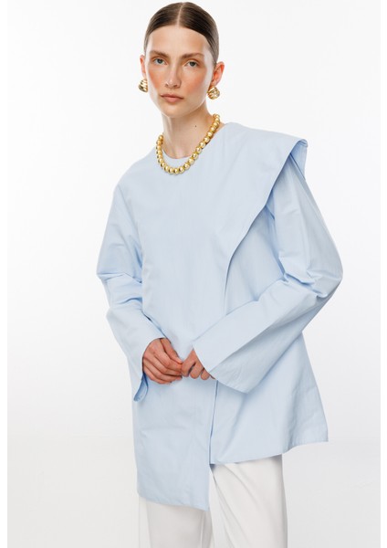 Mavi Şal Detaylı Poplin Bluz