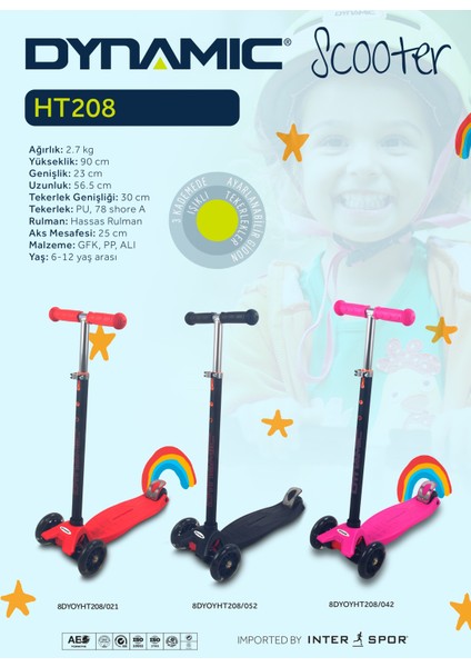 HT208 3 Tekerlekli Yeni Nesil Scooter - Işıklı Tekerlekli - Arkadan Frenli - Kırmızı