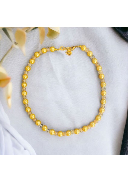 Kadın Sarı Cam Inci Doğal Sitrin Taşlı Kolye