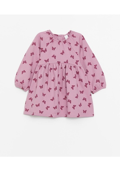 Bisiklet Yaka Uzun Kollu Baskılı Kız Bebek Elbise
