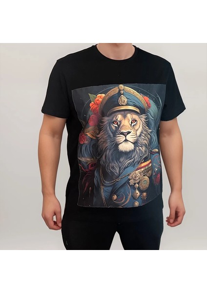 Aslan Baskılı Siyah Erkek T-Shirt, Siyah Erkek Tişört, Süprem Erkek Bol Kesim Tişört