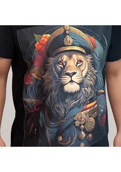 Aslan Baskılı Siyah Erkek T-Shirt, Siyah Erkek Tişört, Süprem Erkek Bol Kesim Tişört modelleri
