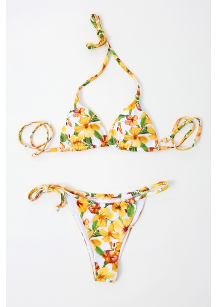 Kadın Oranj Çiçek Desenli Astarlı Ip Bağlamalı Üçgen Bikini Takım HZL24S-LC2231
