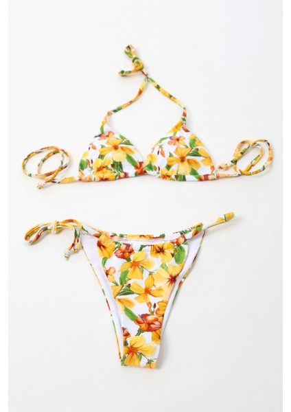 Kadın Oranj Çiçek Desenli Astarlı Ip Bağlamalı Üçgen Bikini Takım HZL24S-LC2231 fiyatları